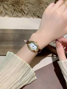 1pc Women's Oval Roman Numeral Casual Elegant Quartz Wrist Watch, Suitable For Daily Wear - Brown - View 5