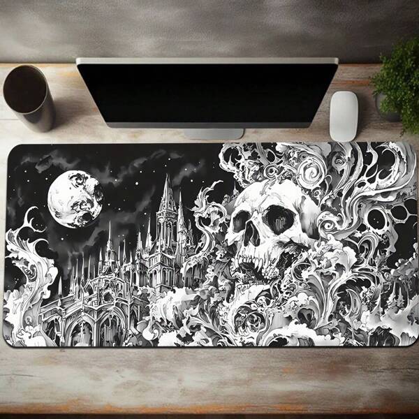 Large Waterproof Anti-Slip Rubber Gaming Mouse Mat - 1pc Gothic Skull And Moon Design Mousepad - Black And White Desk Pad For PC, Laptop, Office,For School Supplies,Back To School