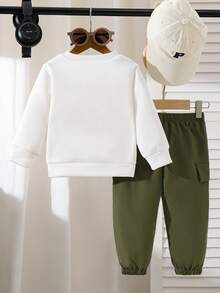 男婴卡通熊与绿帽子印花长袖羊毛圆领上衣+休闲工装裤套装 - 綠色 - 查看 2