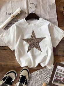 Mujer T-Shirt | Mexico Shipping | High-Quality Breathable Fabric | Women's Loose Short-Sleeve Print | Leopard Star White | Machine Washable | Sport Round Neck Casual Top | Loose Comfortable Fashion | Unisex Holiday Gift | Couple Outfit | Spring and Summer Wear | Suitable for All Seasons | Sports Running Hiking Breathable Sweat-Wicking | Women's Clothing - Blanco - Ver 1