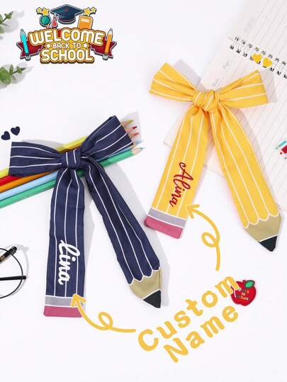 1pc Back To School Custom Name Hair Bow For Girls Striped Pencil Shaped Customized Bow Alligator Clip Long Tail First Day Of School Barrettes Student Personalized Soft Hairpin Kids Hair Accessory