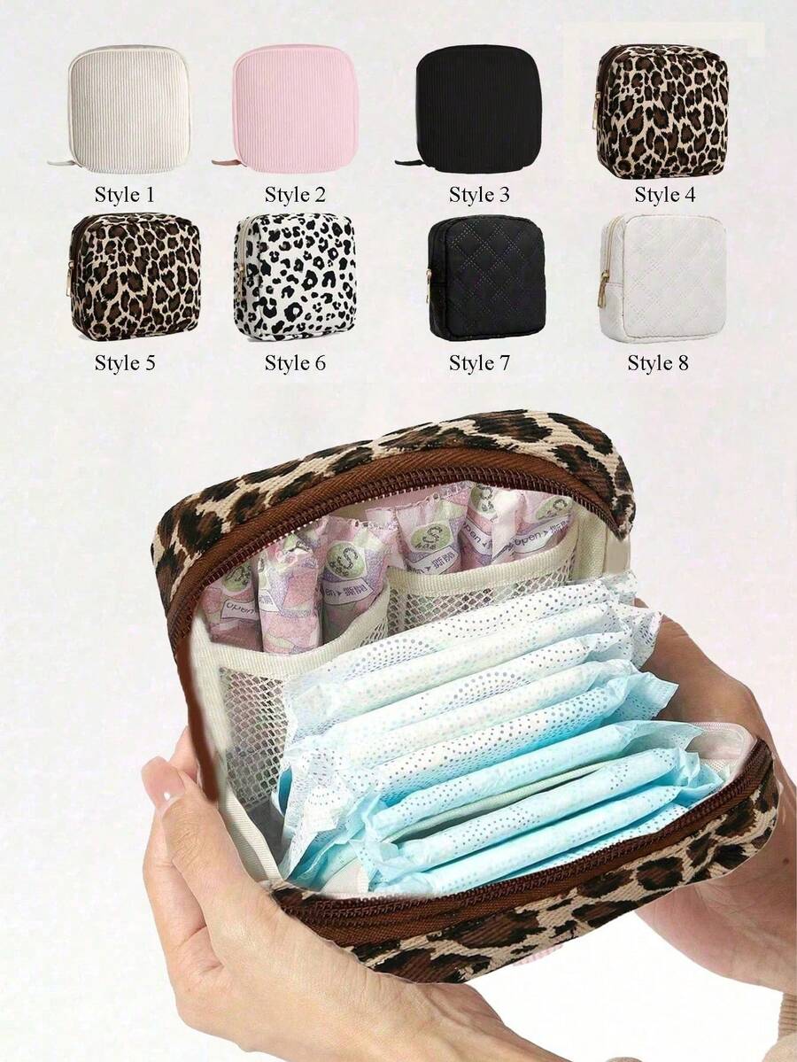 Leopard Print Sanitary Napkin Storage Bag, Minimalist Corduroy Functional Storage Bag Portable Menstrual Cup Bag, Menstrual Pad Bag, Sweet Corduroy Square Makeup Toiletry Storage Bag, Sanitary Napkin Bag, Menstrual Cup Storage Bag, First Menstrual Cycle Bag - Multicolor - View 1