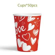 1 Set Red Heart Themed Disposable Party Supplies, Suitable For Valentine's Day, Thanksgiving, Mother's Day, Weddings - Includes Disposable Paper Plates, Paper Cups, And Napkins - Multicolor - View 6