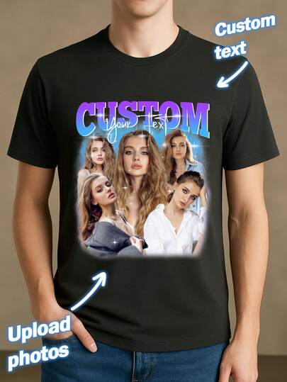 Custom Graphic Photo T Shirt Women & Men Personalize Vintage Image Tshirt Customized Bootleg Rap T-Shirt Design Your Own Tee Valentines Gift Idea For Couples, Family & Friends
