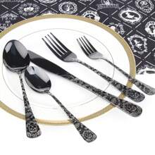 WAYDEKO Stainless Steel Flatware Set Knives Forks Spoons Set, Lasered Vintage Paisley /Seashell/Snowflakes Pattern Design, Mirror Polish And Dishwasher Friendly Black,Blue,Colorful Silverware Set, Cutlery Set,Stainless Steel Halloween Black Flatware Set Knives Forks Spoons Set