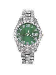 1 件男士钢带全钻日历水钻时尚石英表 - 綠色 - 查看 3
