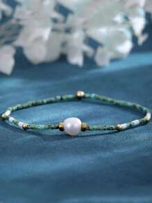 1 件女士时尚手链，复古波西米亚风格珍珠手链和新鲜绿色大理石绿松石，简约女士手链，女士礼物，简约通勤情侣礼物，种子珠手工制作，不对称淡水珍珠 - 彩色 - 查看 2