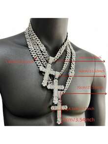 1 件重型超大 3D 吊坠，镶满水钻，双层厚十字架吊坠，14 毫米宽菱形链项链，白色 - 查看 3