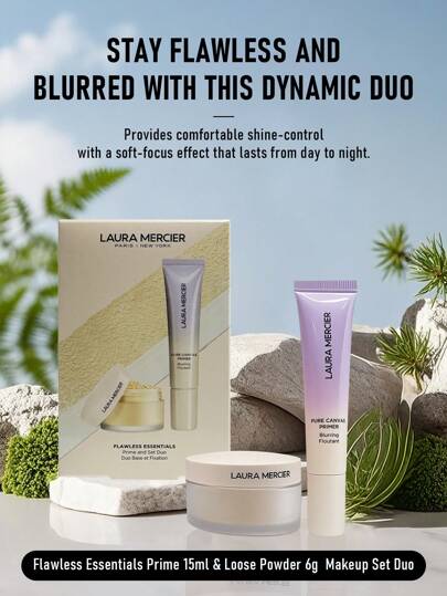  Laura Mercier Flawless Essentials 妆前乳 15ml 和散粉 6g 彩妆套装二件套 | 包含 15ml 妆前乳和 6g 散粉，打造完美无瑕妆容 | 轻盈妆前乳为持久妆容打造光滑底妆