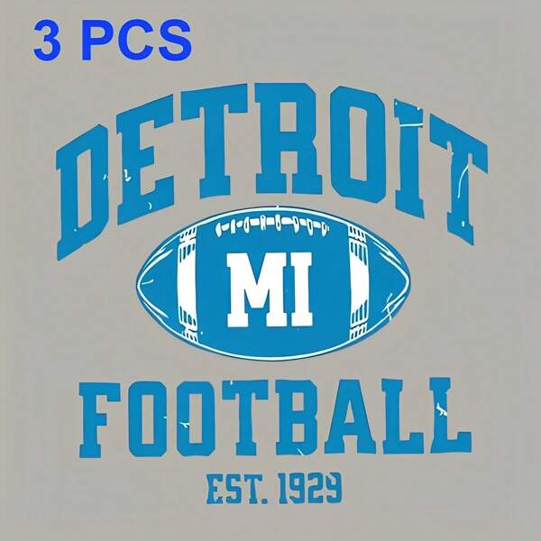 3pcs Detroit Football Heat Transfer Decals - Custom Iron-On Stickers For T-Shirts, Canvas Bags, Backpacks & More - Mixed Color Plastic Patches With "Detroit Football" & "Est. 1929" Design, Sports Apparel Customization | Vintage Football Design | Plastic Patches, Football Accessories