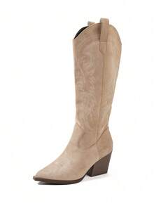 New Vintage Suede V-Cut Pointed Toe Chunky Heel Anti-Slip Western Embroidered Versatile Riding Boots For Women - Khaki - View 6