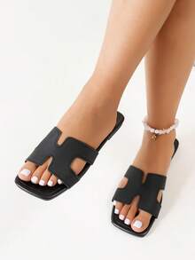 Damen Flache Sandalen, vielseitige schwarze Lässig Offener Zehenpartie Pantoffeln, 2025 Neue Sommer Lässig Strandschuhe, Plastik Slides - Schwarz - Übersicht 3