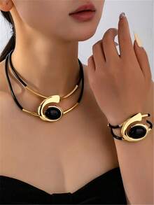 5pcs/Set Fashion European And American Exaggerated Black And White Necklace, Earrings, Bracelet, Ring Jewelry Set, Faux Pearl Decorative Design Accessories