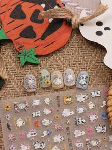 2 件可爱卡通万圣节美甲浮雕贴纸 - 鬼魂、南瓜、蜘蛛、小鬼和花朵图案，女士自粘美甲贴花，5D 浮雕饰面，可爱、有趣和卡通主题，易于粘贴指甲装饰、DIY、节日礼物、派对风格 - 彩色 - 查看 2