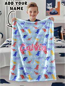 1pc Customizable Text, Dinosaur Pattern, Memorial Blanket. Suitable As A Gift For Girls, Boys, Adults, Valentine's Day, Lightweight, Baby Blanket, Personalized Throw Blanket, Personalized Photo Blanket. Applicable For Home Sofa, Bed, Car, Bedroom, Living Room, Sofa Blanket, Rug, Children Blanket. - Multicolor - View 1