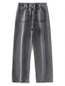 宽腿直筒牛仔裤，无弹力，高端简约百搭水洗直筒牛仔裤，抽绳松紧腰带，四季皆宜的休闲裤 - 淺灰色 - 查看 4