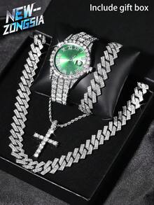 5 Pcs Hip Hop Gift Watch+Cross Pendant Necklace+Bracelet Creative Iced Out Miami Link Chain Jewelry Set For Men And Women - Green - View 8