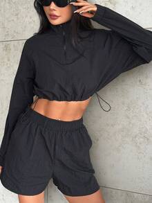 女士户外半拉链高腰短款立领运动休闲风衣外套，秋季