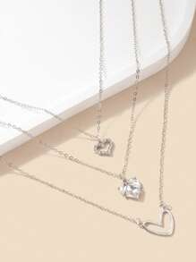 Wis 3 Pieces/ Set Heart Design Shiny Zirconia Inlaid Pendant Necklace Elegant Simple Style Zinc Alloy Jewelry Valentine's Day Gift - Silver - View 3