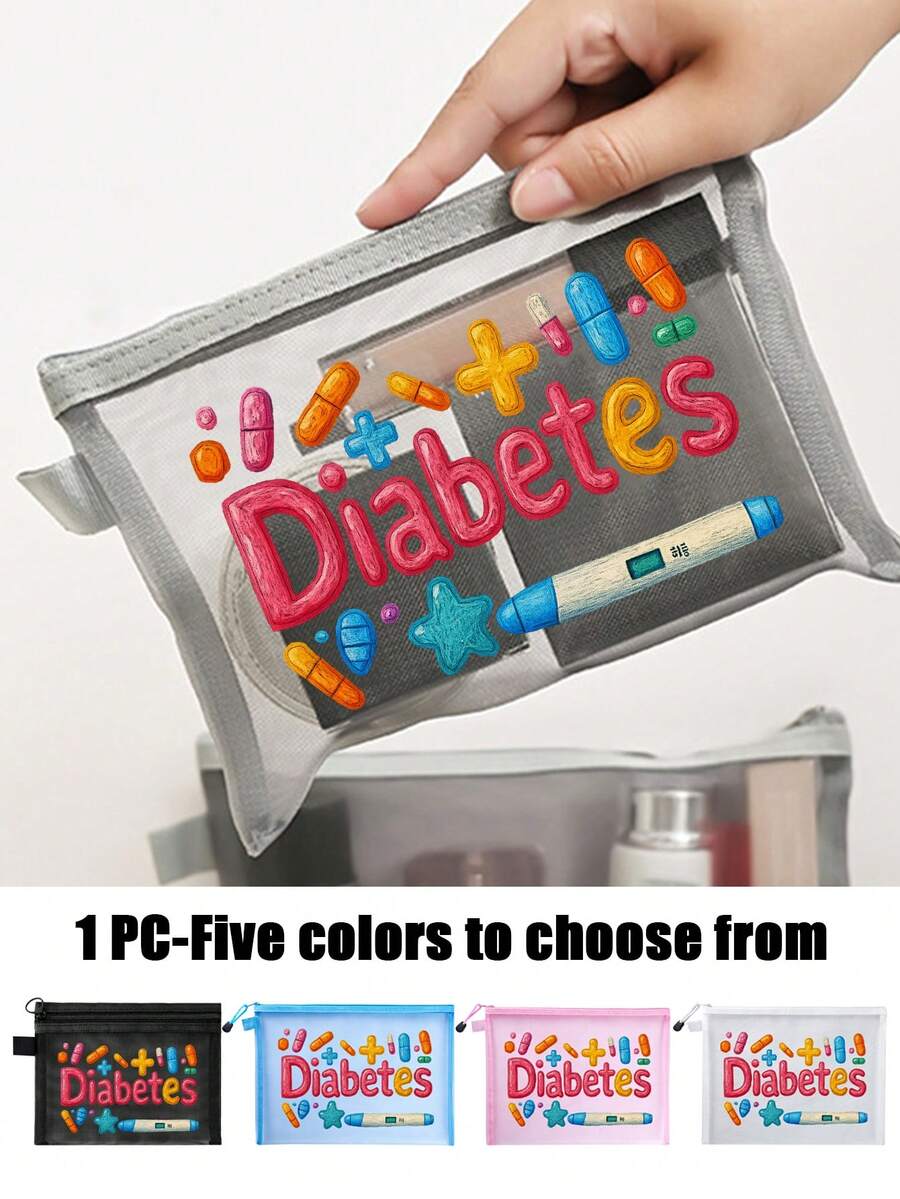 Cartoon Pill Pattern Fun Mesh Cosmetic Bag, Red Air Cushion Portable Storage Bag, Cosmetic Bag, Skin Care Bag, Travel Essentials, Dormitory Supplies, Wedding Bridal Gifts, Mother's Day Gifts, Birthday Gifts, Gifts For Friends And Teachers, Medicine Storage Bag, Bathroom Storage Bag, Jewelry Storage Bag, Lip Oil And Cosmetics Storage Bag, Student Dormitory Toiletries Bag, Gifts For Wife, Family, Friends, Colleagues, Must-Have For Back To School. - Multicolor - View 1