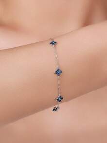 BALMORA 1pc 925 Sterling Silver Elegant Cute Blue Flower Zirconia Chain Bracelet, Suitable For Women's Daily Wear, Friendly Gatherings Or As A Gift - Silver - View 2