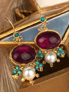 2 Pcs Elegant Light Luxury Oval Imitation Ruby Imitation Flower Turquoise Pearl Pendant Earrings For Women Are Suitable For Daily Gift-Giving Gatherings - Multicolor - View 5