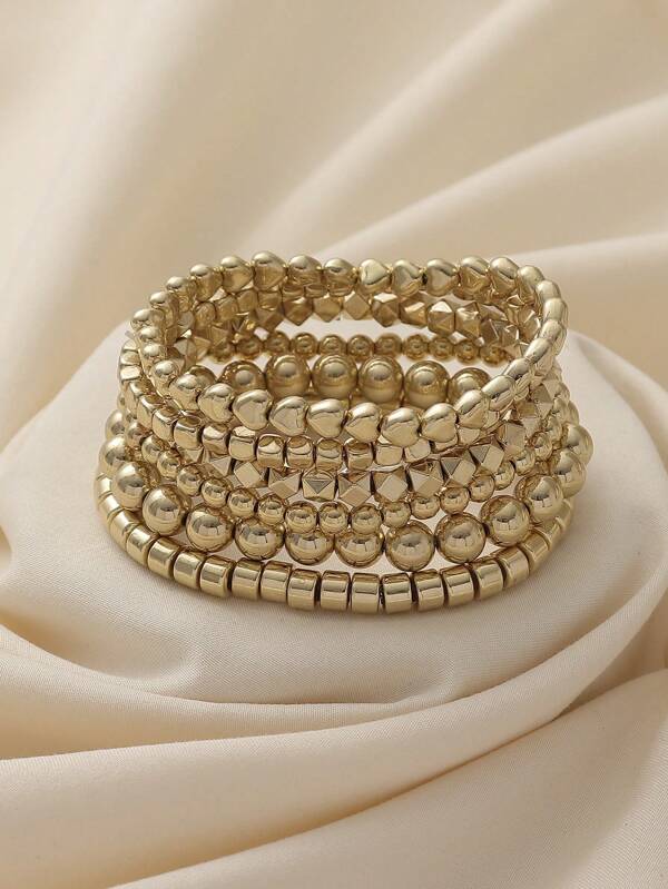 Lot de 6 bracelets CCB décontractés et à la mode, en forme de cœur et de perles géométriques superposées, adaptés aux femmes au quotidien, en soirée ou en boîte de nuit.