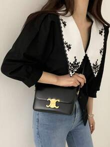 Blusa con cuello grande bordado de estilo retro y camisa holgada de manga corta con contraste de colores y estilo francés de corte imperial para mujer. - Negro - Ver 5