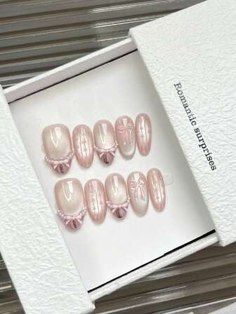 10pcs Sweet Short Coffin/Medium Long Oval Blush Cat Eye Handmade Press On Nails, 3D Pink Bow Fake Nails Pearl French Nail Tip, Cute Summer Wear Nails With Jelly Glue And Nail File For Wedding, Valentine's Day, Back To School & Daily