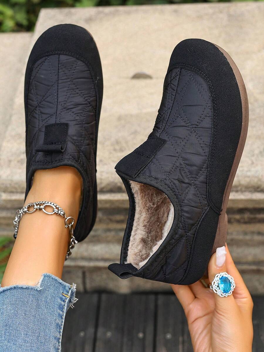 情侣户外保暖内衬厚雪地靴女中筒圆头平跟加大码防水防滑高帮靴防寒中老年靴子黑色鞋子 - 黑色 - 查看 1