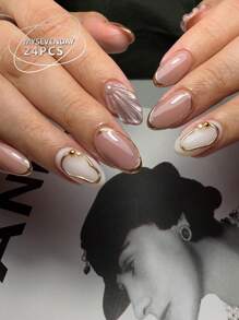 24 片杏仁海滩必备女士按压式指甲艺术贴片/彩色镀金珠宝设计/附赠 1 块果冻胶和 1 条摩擦条 美甲用品 指甲