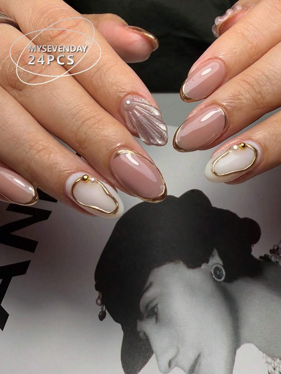 24 片杏仁海滩必备女士按压式指甲艺术贴片/彩色镀金珠宝设计/附赠 1 块果冻胶和 1 条摩擦条 美甲用品 指甲