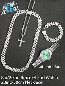 5 Pcs Hip Hop Gift Watch+Cross Pendant Necklace+Bracelet Creative Iced Out Miami Link Chain Jewelry Set For Men And Women - Green - View 3