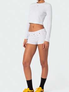 Women Y2K Studded Foldover Summer Hot Shorts Vintage Low Waist Slim Fit Micro Shorts - 灰色 - 查看 4