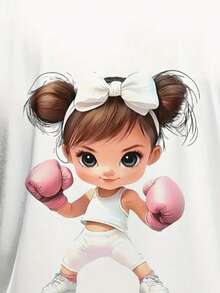 Women's Round Neck T-Shirt With Girl And Boxing Print, Fashion Women's T-Shirt With Boxing And Pink Gloves Print, Casual Short Sleeve T-Shirt, Promotion Women's Top, Comfort For All Seasons - 白色 - 查看 2