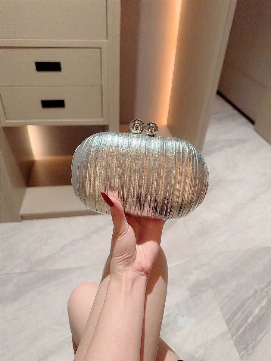 1 件金属褶皱迷你蛋形手拿包，优雅的金属双珍珠纽扣设计，适合派对女孩、新娘、大学生、年轻专业人士、派对、舞会、婚礼，配有金属链
