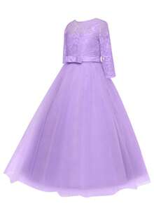 Flower Girls Dress Long Lace Bridesmaid Dress 3/4 Sleeves Floor Length Wedding Party Evening Formal Pegeant Maxi Tulle Ball Gowns - Màu tím hoa cà - Xem 3