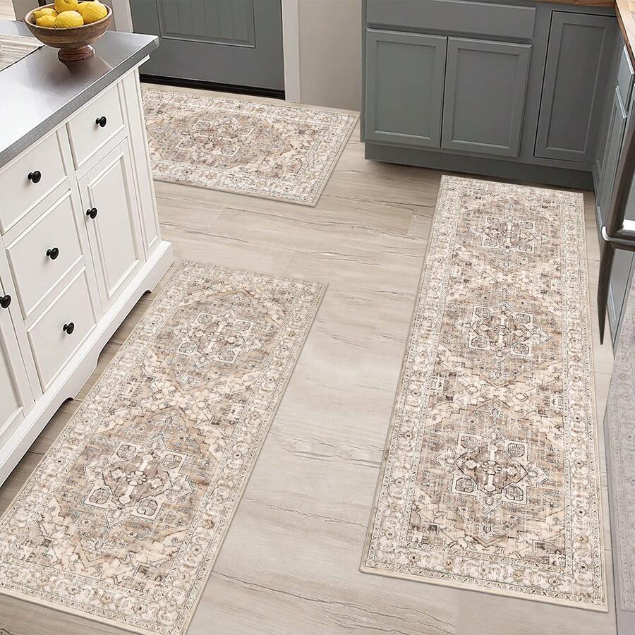 Pauwer Kitchen Mats For Floor 3 Piece Set Boho Non Slip Kitchen Rugs Washable Farmhouse Kitchen Floor Mats Thick Long Kitchen Throw Area Rug Carpet Runner For Hallway Laundry Bathroom - Màu be - Xem 1