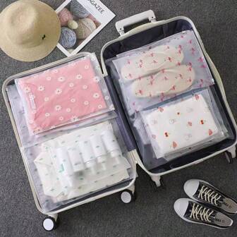 2/10pcs Daisy Print Travel Organizer Set - Waterproof Storage Bags For Clothes, Shoes & Underwear (Frosted Zipper)