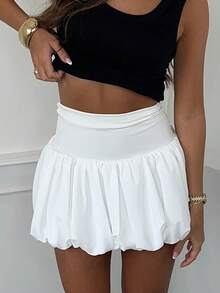 Women Y2K Bubble Skirt High Waist Solid Color Ruffle Hem A Line Pleated Mini Short Skirt Teen Girls Balloon Puffy Short Skirts Streetwear - 白色 - 查看 2