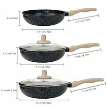 ABKOK 3 件套不粘铝煎锅套装（5 个锅盖）- 单独和套装选择、家庭晚餐用品、派对用品 - 黑色 - 查看 4