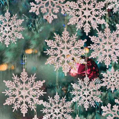 12pcs Rose Gold Snowflake Paper Ornament Pendants, Christmas Snowflakes, Christmas Decorations, Champagne Gold Plastic Snowflake Decor Set, Hanging Snowflake Decorations For Winter And Christmas Tree, Christmas Winter Snowflake Decorations, Winter Wonderland Christmas Tree Hanging Snowflake Decorations.