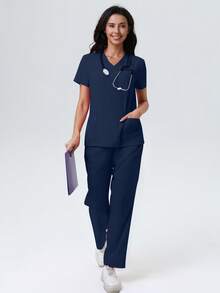 V-Neck Solid Color Pocket Short Sleeve Top And Pants Uniform Set Spring - Navy Blue - View 5