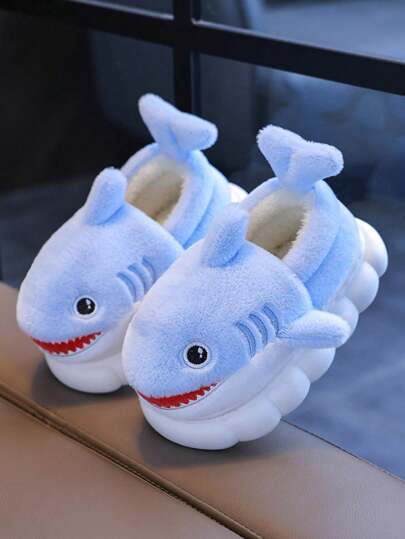 1 双儿童男孩女孩可爱卡通鲨鱼毛绒柔软舒适拖鞋，防滑室内家居鞋，秋冬