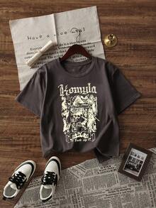 女士新款夏季字母与骷髅印花圆领宽松休闲百搭 T 恤 - 深灰 - 查看 3