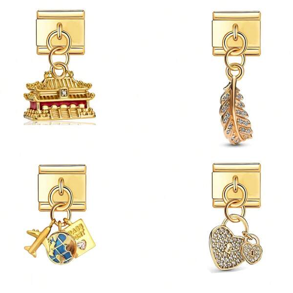 1pc Italian Style Bracelet Pendant DIY Jewelry Making Kit, Gold Fashion Airplane, Heart Lock, Feather Stainless Steel Multi-Function Jewelry Suitable For All