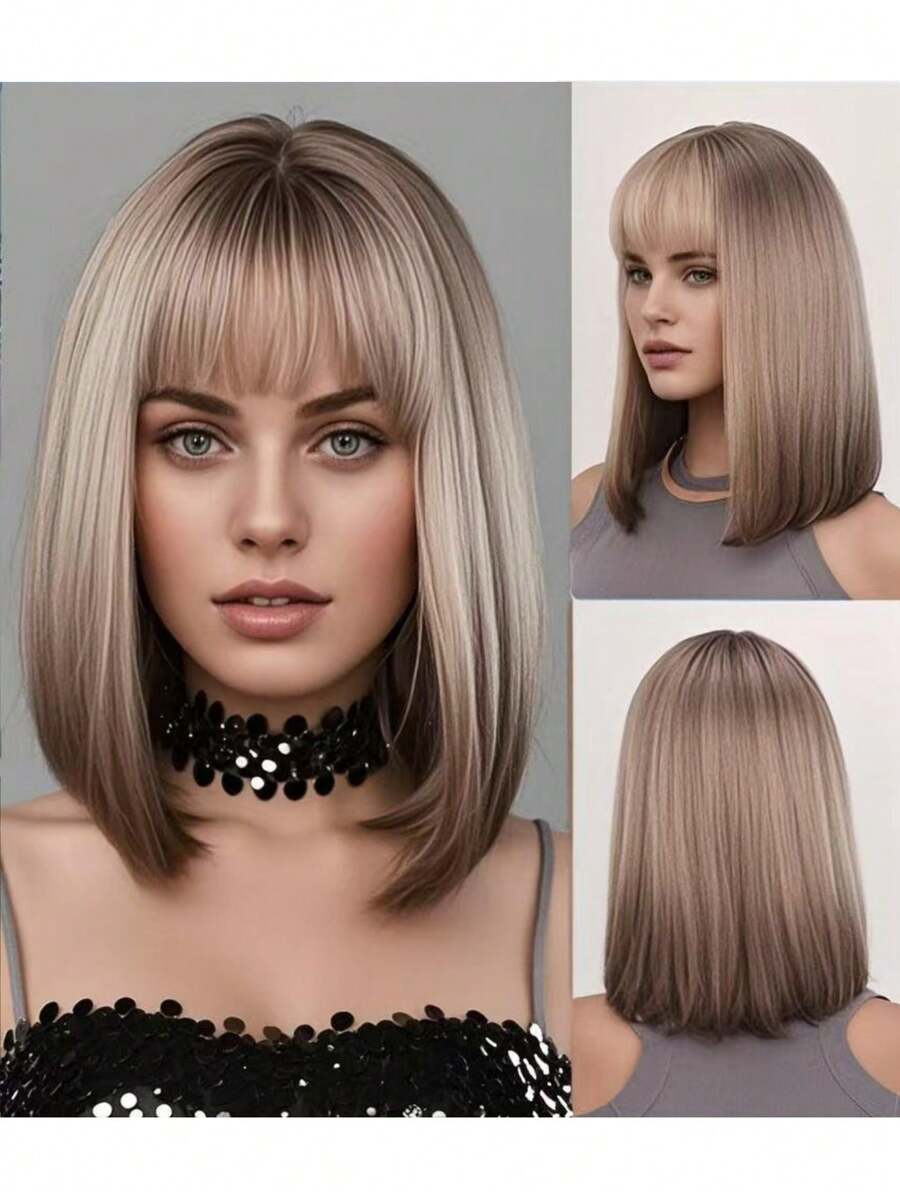 16 英寸渐变棕色齐肩直发合成耐热纤维假发，棕色波波头假发，带刘海，适合女性日常聚会和圣诞装扮 - 漸層棕色 - 查看 1