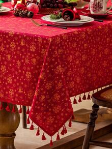 1pc Red Christmas Tablecloth, Christmas Metallic Jingle Bells, Rectangular Tablecloth With Red Tassel Decor, Washable, Dining Table Cover, Holiday Home Decor, Party Tablecloth, Bedside Cabinet Cover, Festive Decoration Suitable For Kitchen, Dining Room, Gathering, Wedding, Holiday, Party, New Year, Christmas Decor, Gift, Merry Christmas - Red - View 3