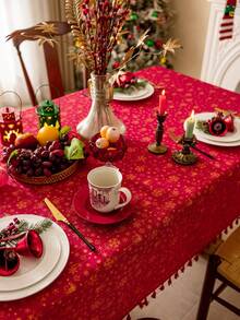 1pc Red Christmas Tablecloth, Christmas Metallic Jingle Bells, Rectangular Tablecloth With Red Tassel Decor, Washable, Dining Table Cover, Holiday Home Decor, Party Tablecloth, Bedside Cabinet Cover, Festive Decoration Suitable For Kitchen, Dining Room, Gathering, Wedding, Holiday, Party, New Year, Christmas Decor, Gift, Merry Christmas - Red - View 10