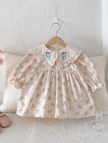 1pc Young Girl' Casual Floral Embroidered Long Sleeve Dress, Comfortable & Fashionable For Autumn - Apricot - View 10